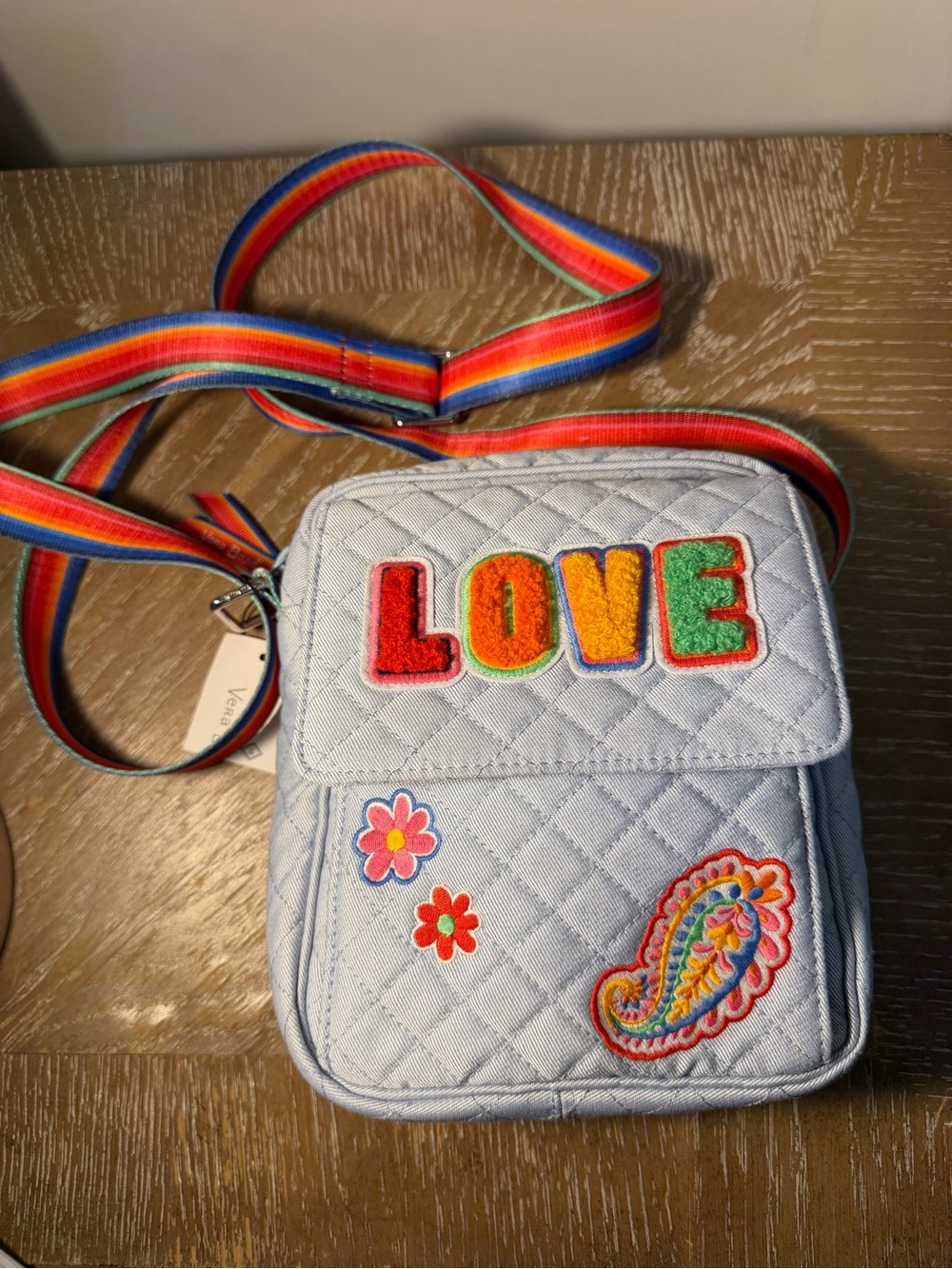 Vera Bradley Light Blue Quilted Crossbody with Rainbow Strap